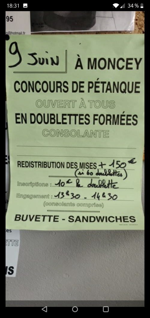 Concours de pétanque en Doublette - Moncey