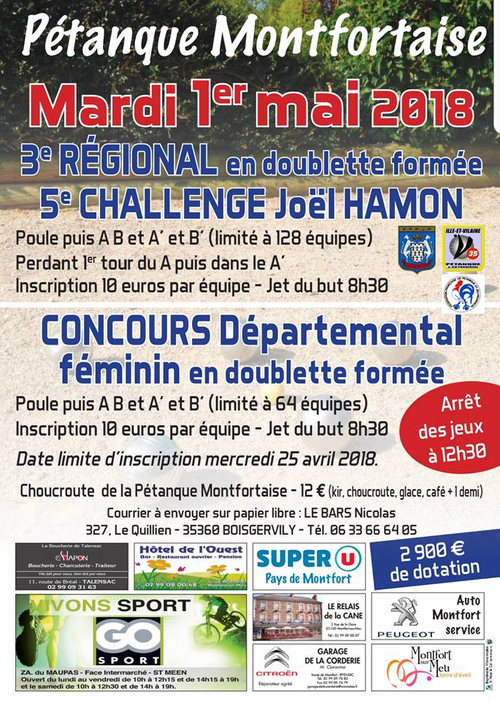 Concours de pétanque en Doublette - Régional - Montfort-sur-Meu