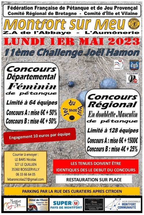 Concours de pétanque en Doublette - Régional - Montfort-sur-Meu