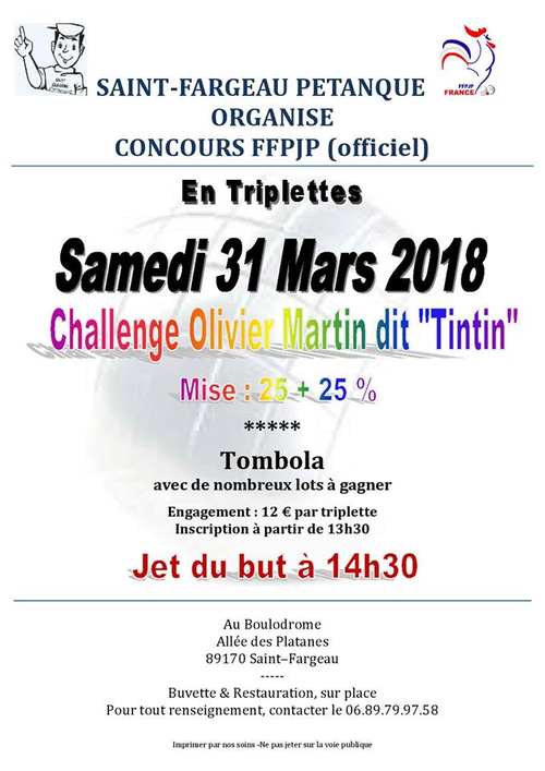 Concours de pétanque en Triplette - Départemental - Saint-Fargeau