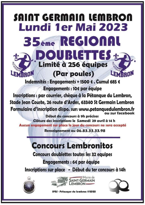 Concours de pétanque en Doublette - Régional - Saint-Germain-Lembron