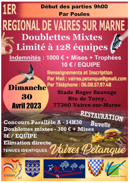 Concours de pétanque en Doublette Mixte - Régional - Vaires-sur-Marne