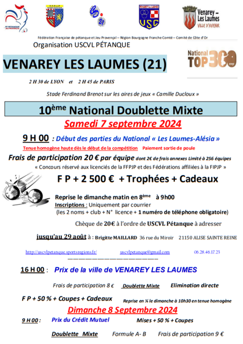 Concours de pétanque en Doublette Mixte - National TOP 300 - Venarey-les-Laumes