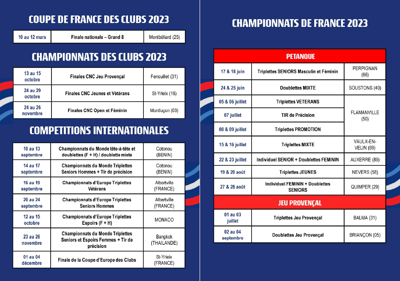 Calendrier des championnats et coupes de france de pétanque 2023 - Actualité Pétanque Génération