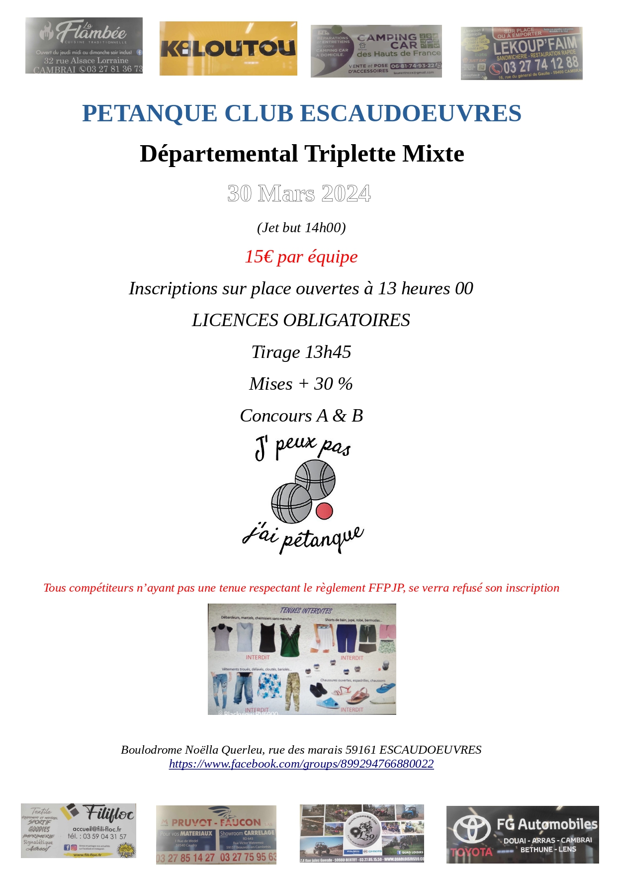 Concours en Triplette Mixte le 30 mars 2024 - Escaudœuvres - 59161