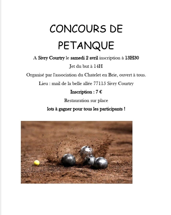 Concours de pétanque Ouvert à tous Sivry Courtry 02 avril 2022