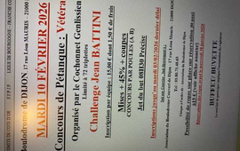 Concours de pétanque Officiel en Triplette le 10 février 2026 - Lieu à définir (21) - Côte-d'Or - 21