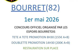Concours de pétanque Officiel Promotion en Tête à tête le 1 mai 2026 - Lieu à définir (82) - Tarn-et-Garonne - 82