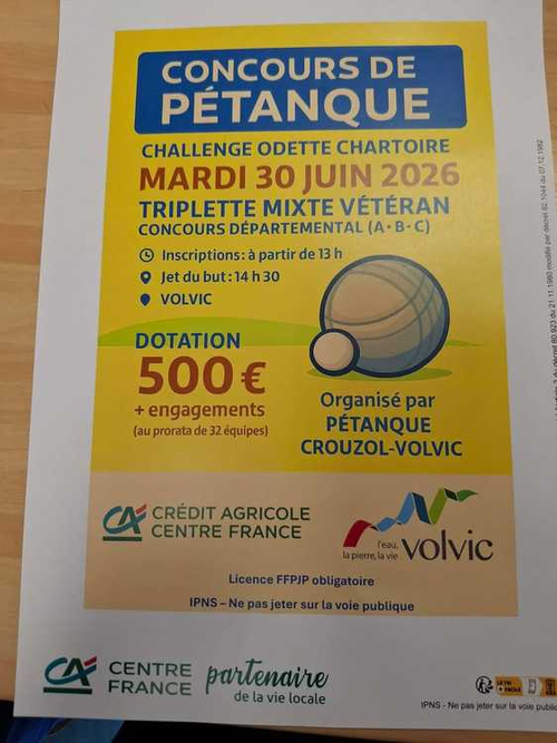 Concours de pétanque en Triplette Mixte - Départemental - Crouzol à volvic