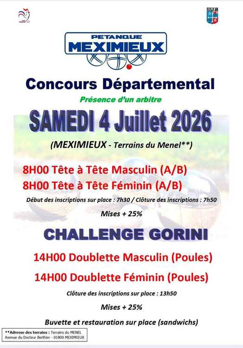 Concours de pétanque en Tête à tête - Départemental - Meximieux