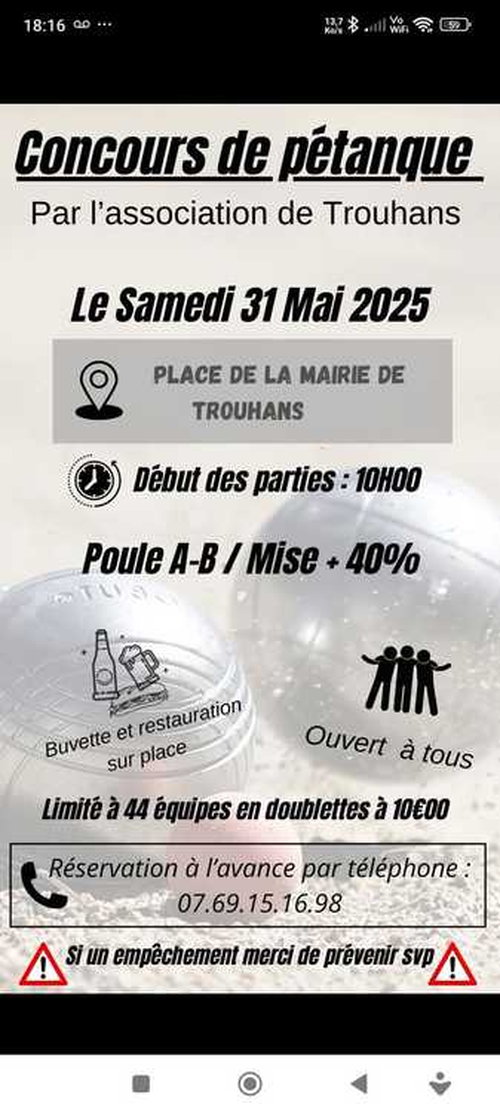 Concours de pétanque en Doublette - Départemental - Trouhans