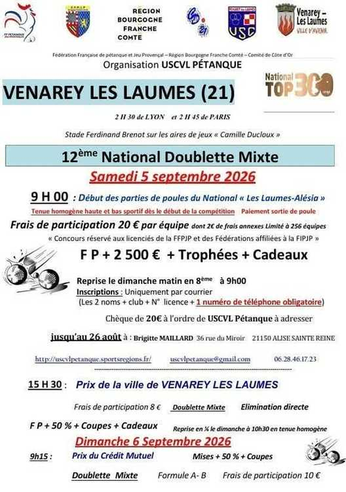 Concours de pétanque en Doublette Mixte - National TOP 300 - Venarey Les Laumes