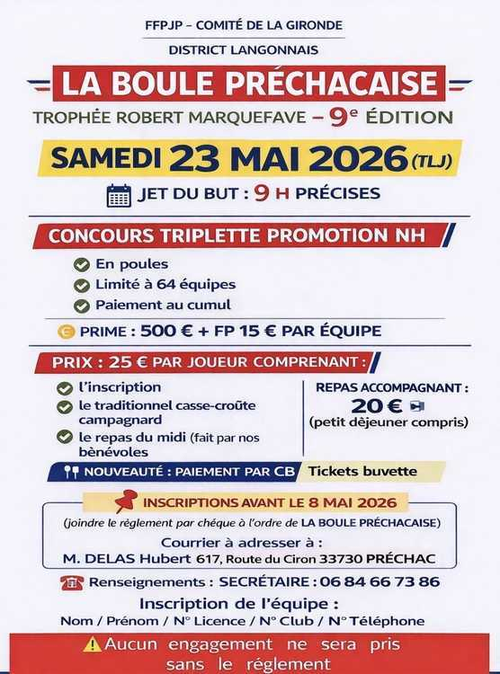 Concours de pétanque en Triplette - Départemental - boule prechacaise