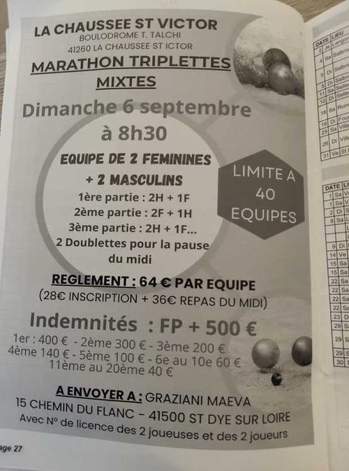 Concours de pétanque en Triplette Mixte - Départemental - La chaussée saint Victor