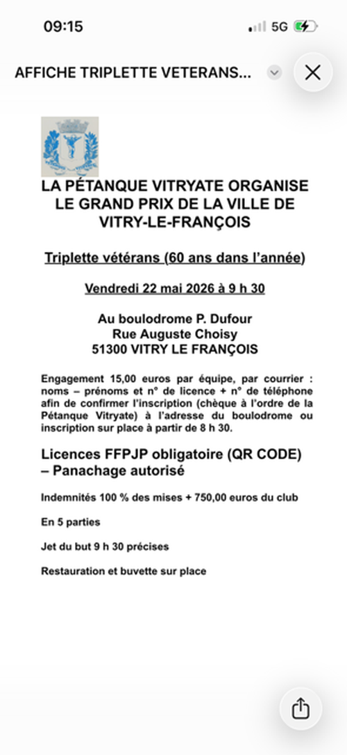 Concours de pétanque en Triplette - Grand Prix - PETANQUE VITRYATE