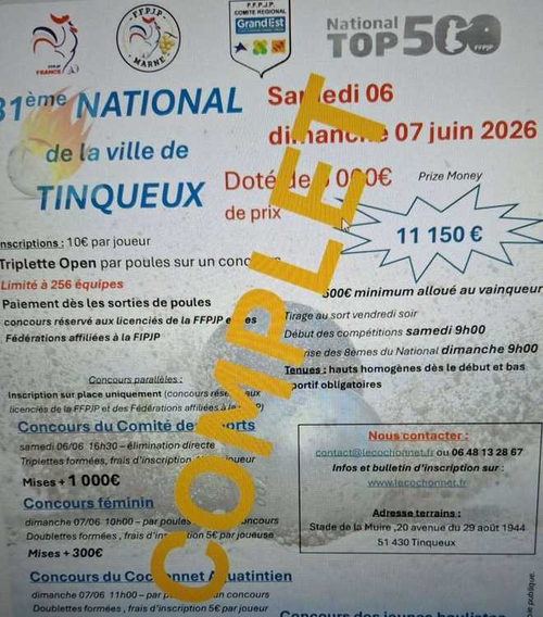 Concours de pétanque en Triplette - National TOP 500 - Tinqueux