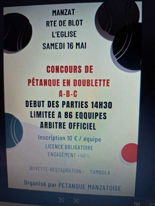 Concours de pétanque en Doublette - Départemental - MANZAT