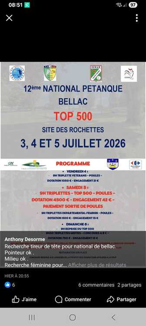 Concours de pétanque en Triplette - National TOP 500 - Bellac