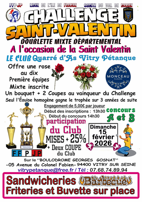 Concours de pétanque en Doublette Mixte - Départemental - QUARRE D'AS VITRY