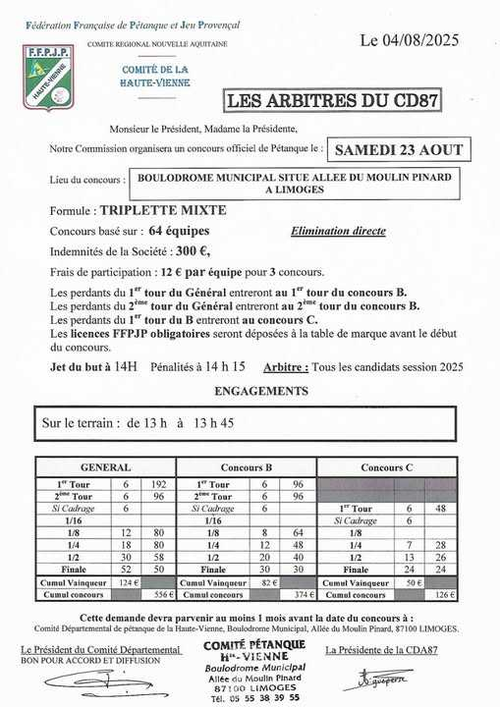 Concours de pétanque en Triplette Mixte - Départemental - Limoges