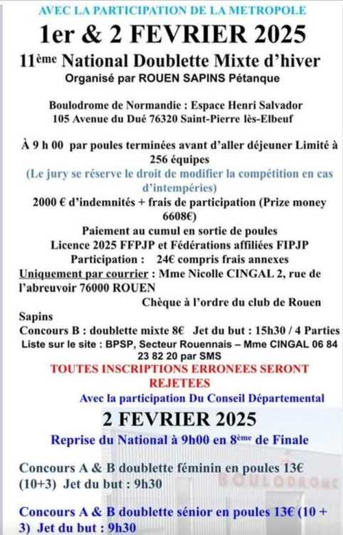 Concours de pétanque en Doublette Mixte - National TOP 300 - Rouen