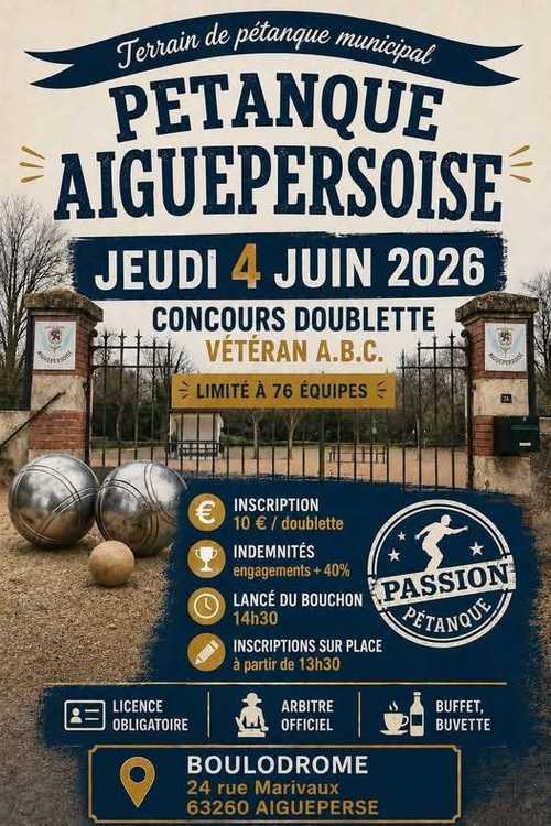Concours en Doublette le 4 juin 2026 - Lieu à définir (63) - 00000
