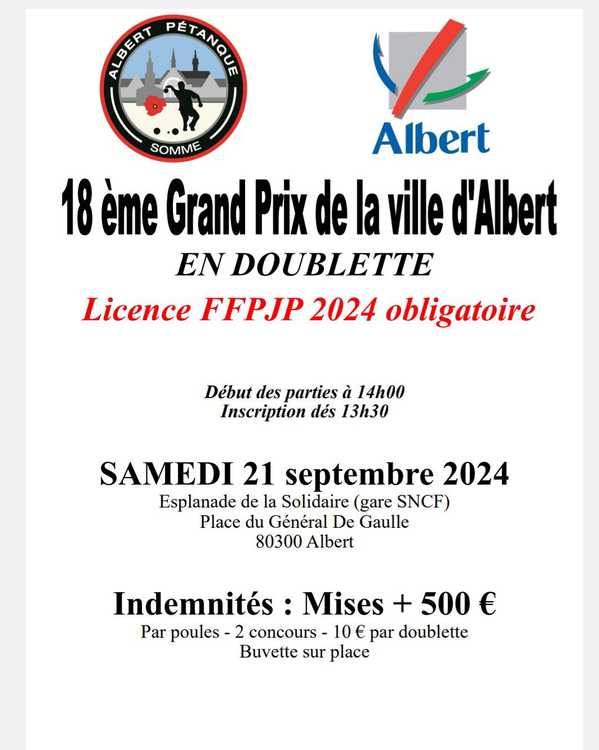 Concours en Doublette le 21 septembre 2024 - Albert - 80300