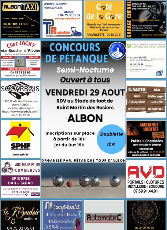 Concours en Doublette le 29 août 2025 - Albon - 26140