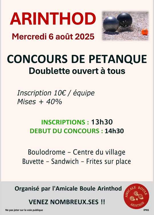Concours en Doublette le 6 août 2025 - Arinthod - 39240