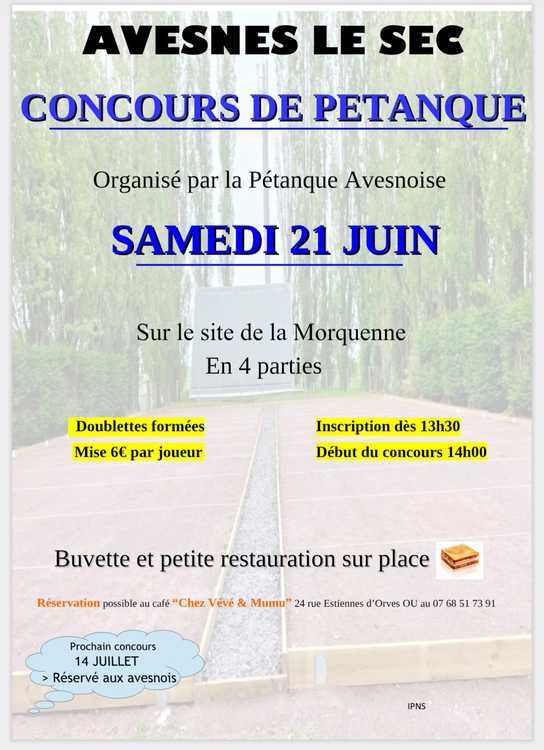 Concours en Doublette le 21 juin 2025 - Avesnes-le-Sec - 59296