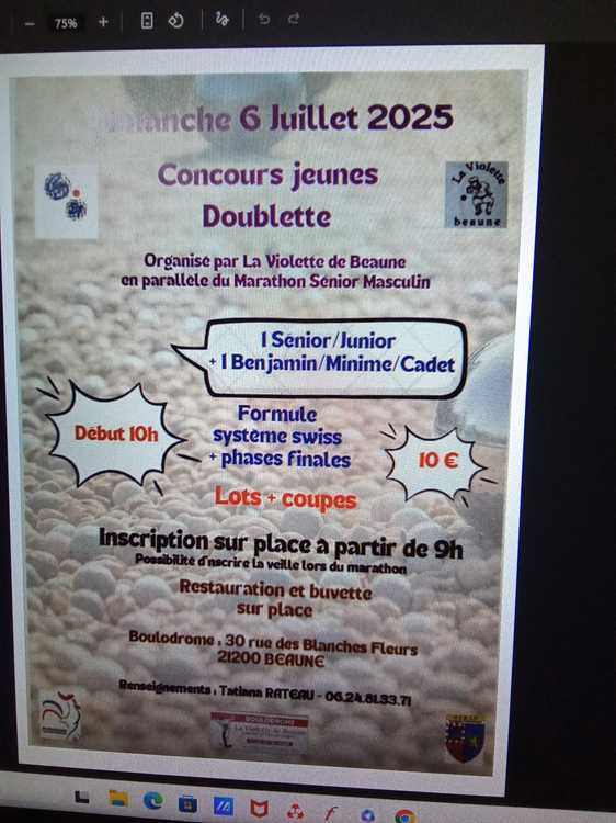 Concours en Doublette le 6 juillet 2025 - Beaune - 21200