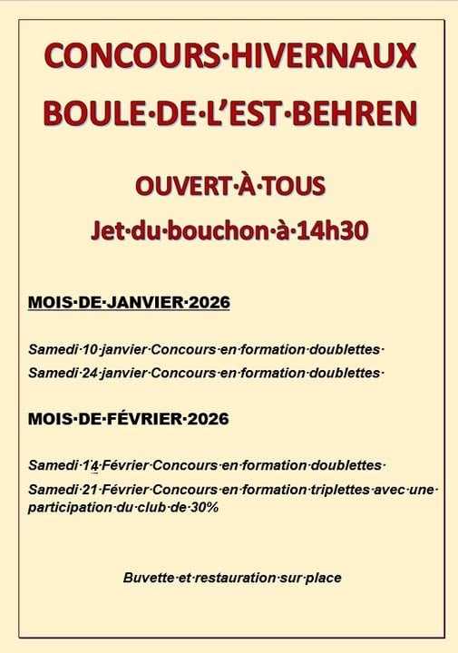 Concours en Doublette le 24 janvier 2026 - Behren-lès-Forbach - 57460
