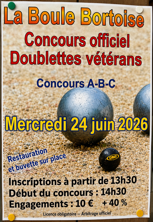 Concours en Doublette le 24 juin 2026 - Lieu à définir (63) - 00000