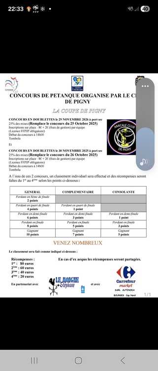 Concours en Doublette le 29 novembre 2025 - Bourges - 18000