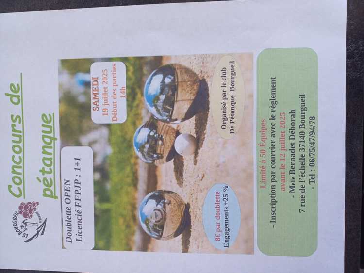Concours en Doublette le 19 juillet 2025 - Bourgueil - 37140