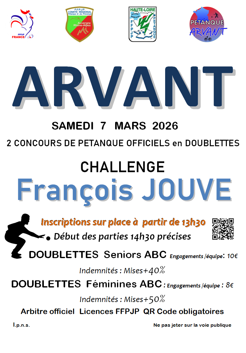 Concours en Doublette le 7 mars 2026 - Bournoncle-Saint-Pierre - 43360