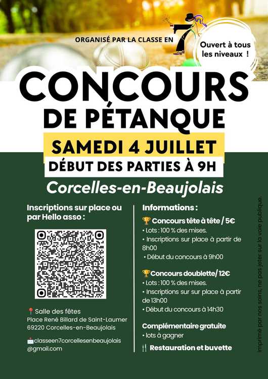 Concours en Doublette le 4 juillet 2026 - Corcelles-en-Beaujolais - 69220