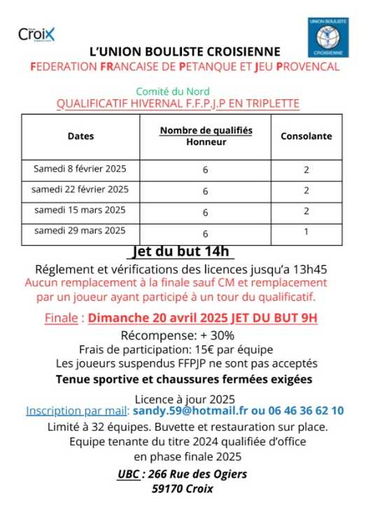 Concours en Triplette le 2 février 2025 - Croix - 59170