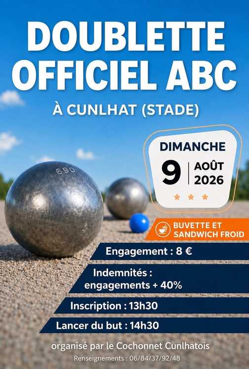Concours en Doublette le 9 août 2026 - Lieu à définir (63) - 00000