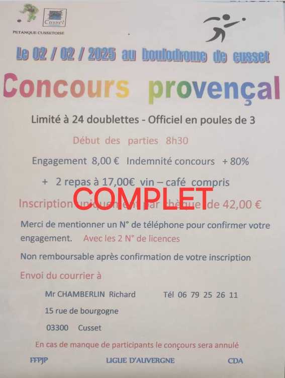 Concours en Doublette le 1 février 2025 - Cusset - 03300