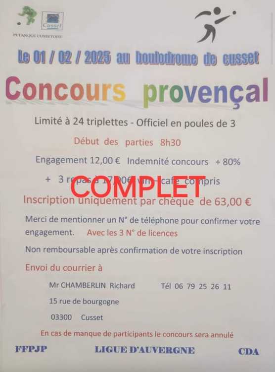 Concours en Triplette le 1 février 2025 - Cusset - 03300