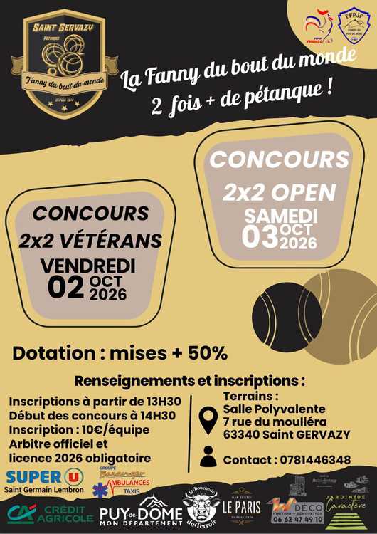 Concours en Doublette le 2 octobre 2026 - Lieu à définir (63) - 00000