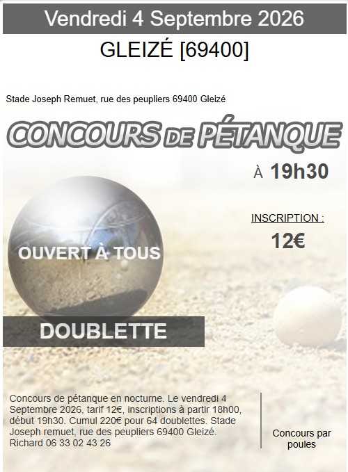 Concours en Doublette le 4 septembre 2026 - Gleizé - 69400