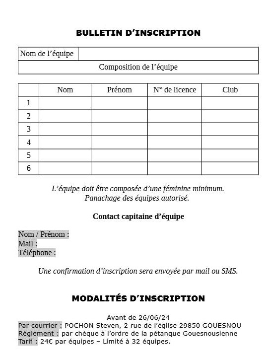 Concours en Triplette le 29 juin 2024 - Gouesnou - 29850