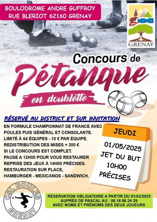 Concours en Doublette le 1 mai 2025 - Grenay - 62160