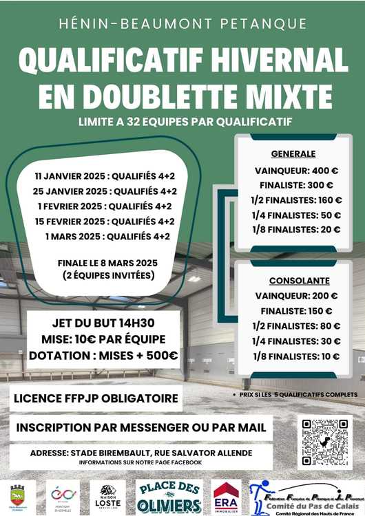 Concours en Doublette Mixte le 25 janvier 2025 - Hénin-Beaumont - 62110