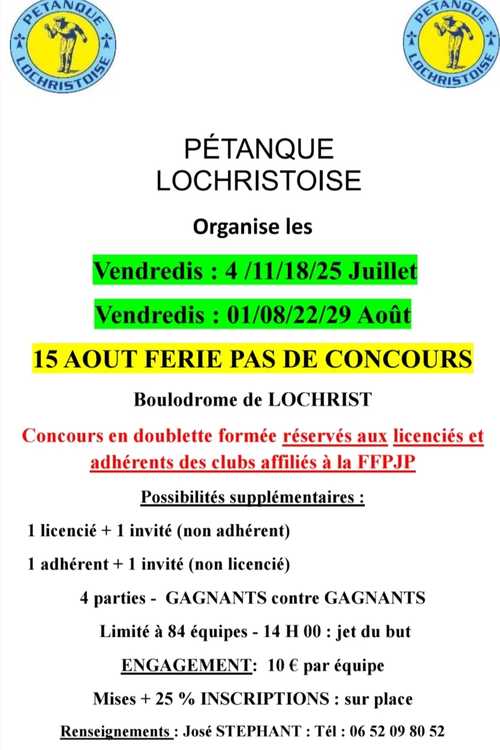 Concours en Doublette le 4 juillet 2025 - Inzinzac-Lochrist - 56650