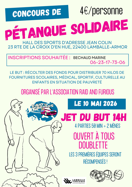 Concours en Doublette le 10 mai 2026 - Lamballe - 22400