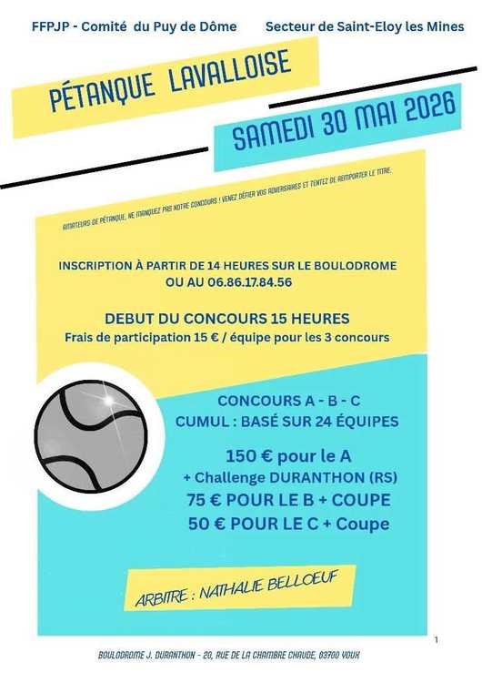 Concours en Triplette le 30 mai 2026 - Lieu à définir (63) - 00000