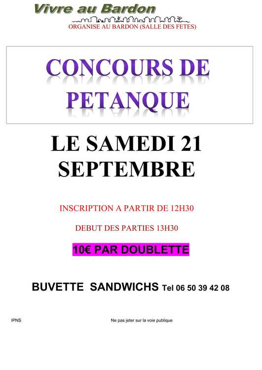 Concours en Doublette le 21 septembre 2024 - Le Bardon - 45130